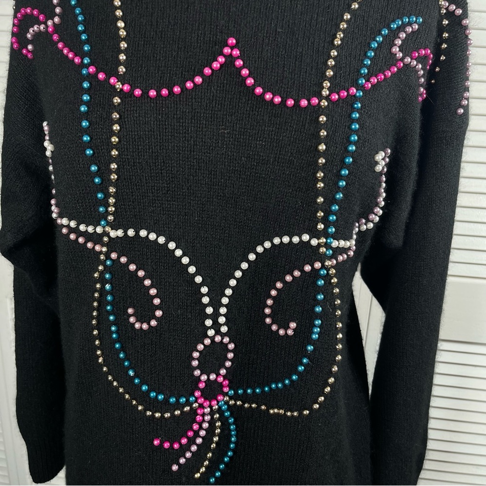 Vintage 80s‎ Amanda Beaded Reindeer Sweater L Black Holiday - Picture 3 of 12